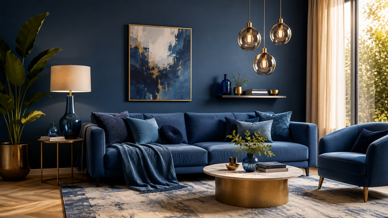 Luxury navy blue living room with elegant furniture and gold accents.