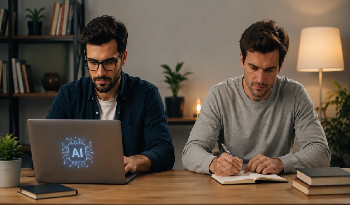Two human writers at a desk, one using AI on a laptop and the other writing manually in a notebook in a modern office.