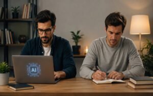Two human writers at a desk, one using AI on a laptop and the other writing manually in a notebook in a modern office.