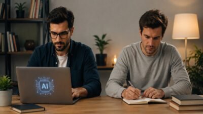 Two human writers at a desk, one using AI on a laptop and the other writing manually in a notebook in a modern office.