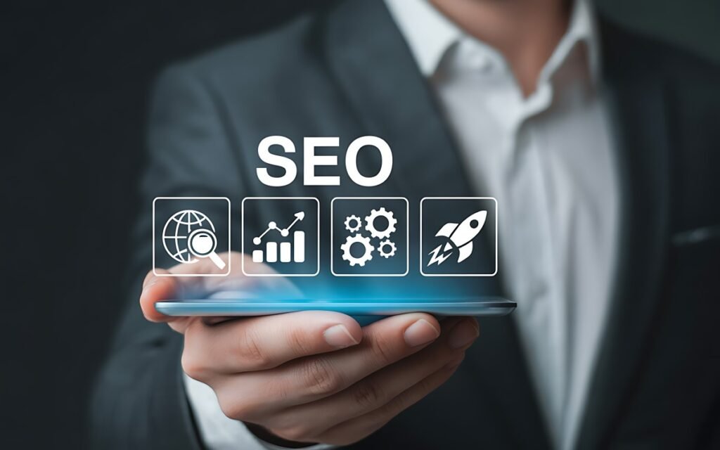 SEO strategy concept with a businessman holding a tablet displaying SEO icons.